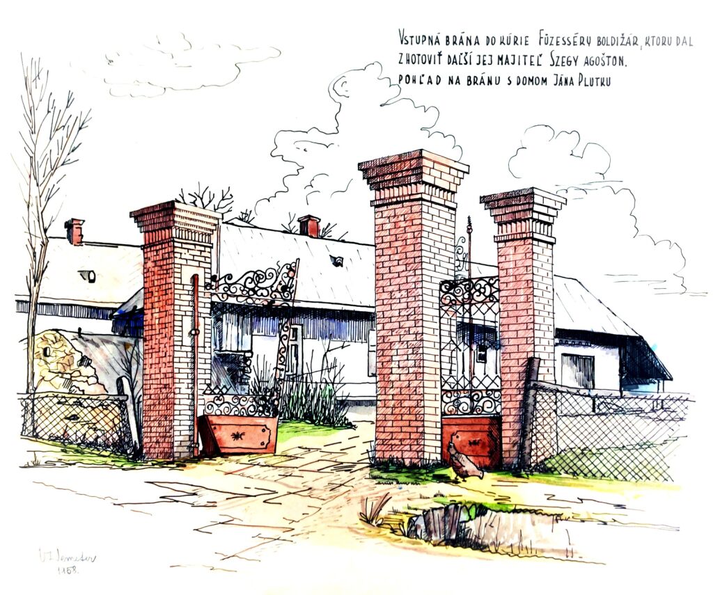 Nakreslená historická brána vidieckého sídla vo Vrbnici